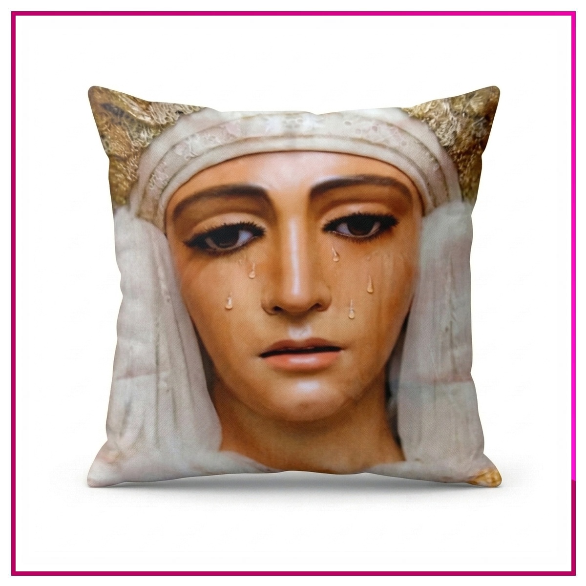 Cojín Cofrade Esperanza de Triana Cojín Cofrade Esperanza de Triana completo con relleno de espuma e impresión a todo color del rostro de la Esperanza en Artesanía Coronada de Estrellas