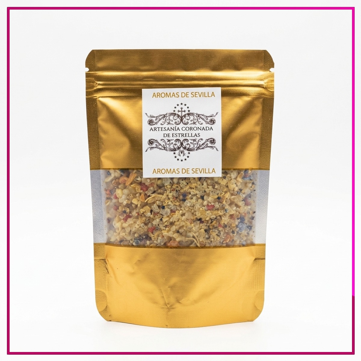 Incienso Cofrade Aromas de Sevilla Bolsa dorada con cierre zip de Incienso Cofrade Aromas de Sevilla en grano de Artesanía Coronada de Estrellas con ventana frontal
